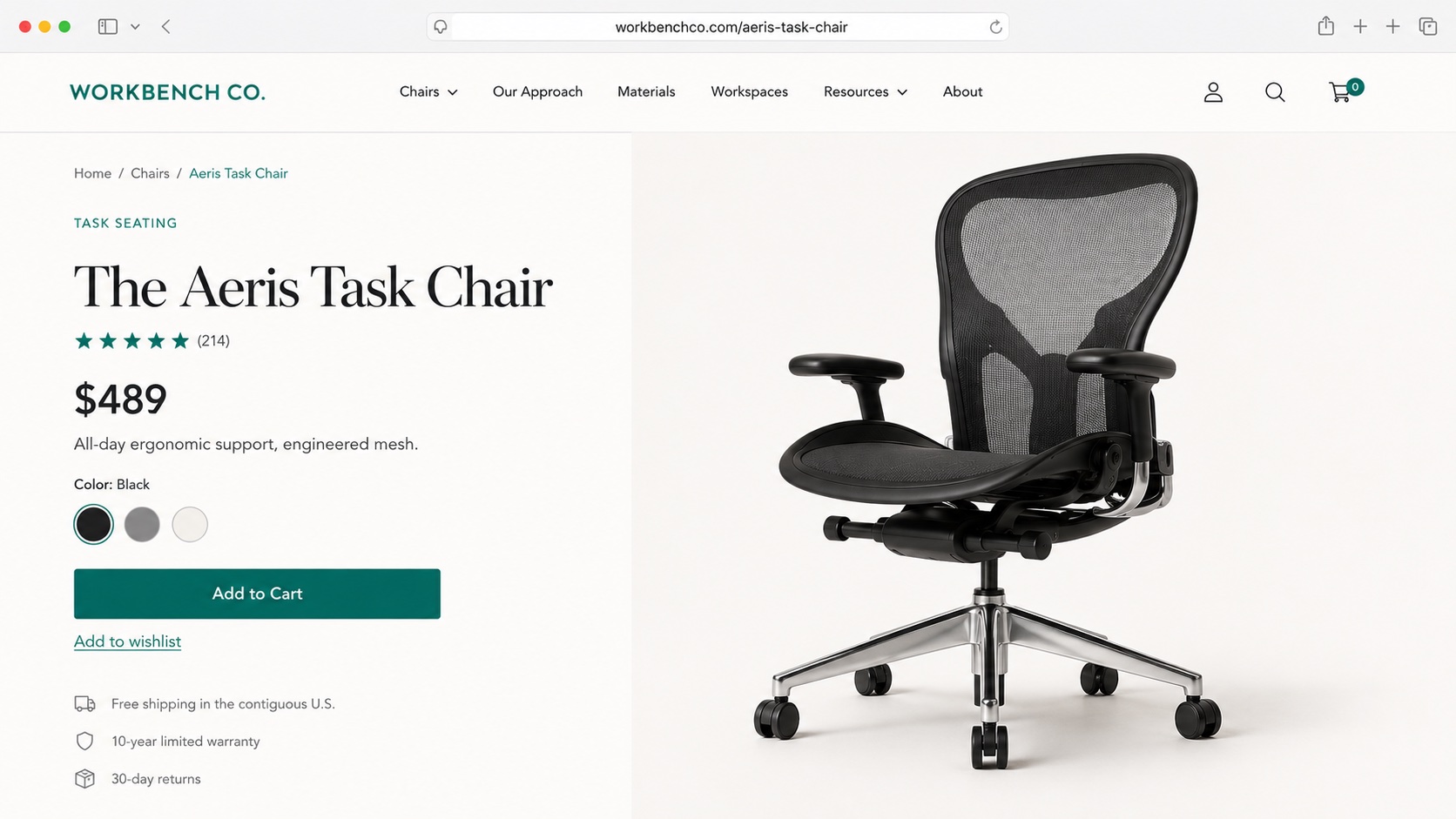 Example Workbench Co. product page showing the chair at full price with no discount